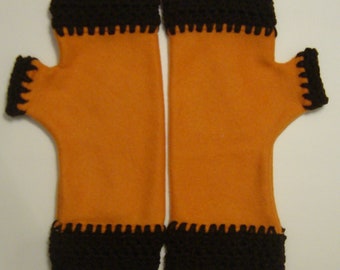 Crochet Edge Fleece Fingerless Gloves, Pumpkin with Brown Accents