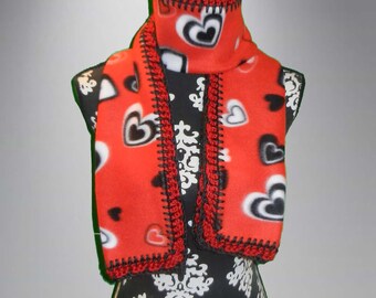 Crochet Edge Fleece Scarf: Heart Them Red, Black and White