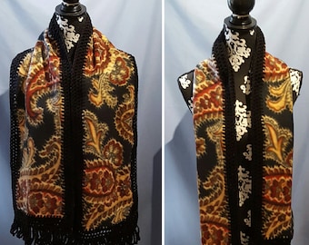 Crochet Edge Fleece Scarf: Golden Paisley's with Fringe