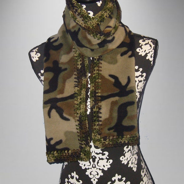 Crochet Edge Fleece Scarf, Military Green Camouflage