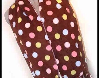 Candy Dots on Brown Fleece Scarf, Polka Dot Muffler, Multicolored Neck Scarf