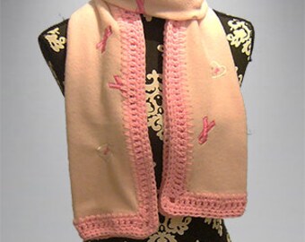 Crochet Edge Fleece Scarf: Embroidered Pink Ribbons