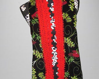 Crochet Edge Fleece Scarf, Mistletoe and Cardinals
