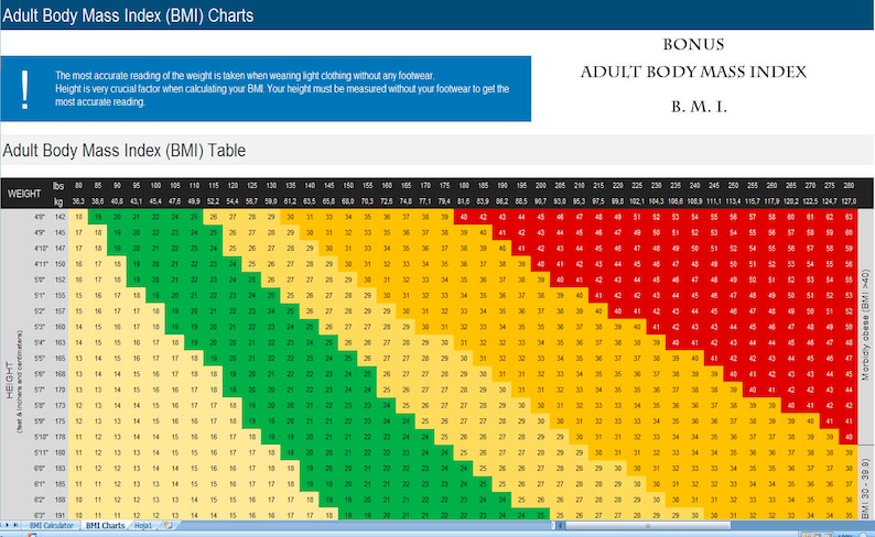 Weight Loss Chart & B. M. I. Calculator - Etsy