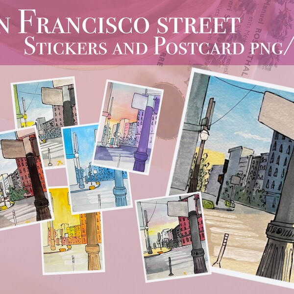Stickers+Carte Postale San Francisco Gouache/ png+jpg