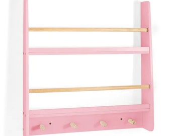 Estantería de pared pequeña para guardería/Estantería de montaje en pared para habitación de niños/Estantes para libros de dormitorios pequeños/Ganchos para colgar para niños con estantería/Estantería de dos niveles