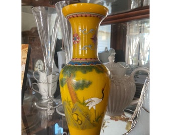 Vintage and Rare Chinese Peking Glass Enamel Vase, Trees, Birds Imperial Yellow