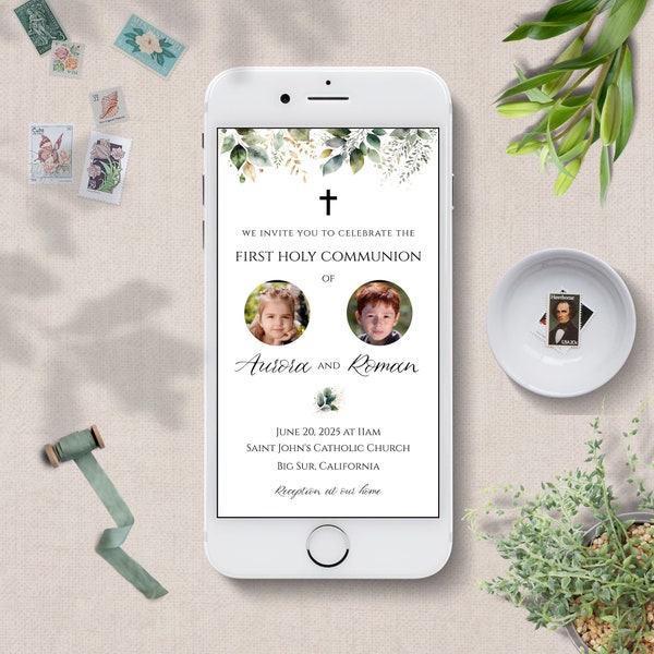 Digital first holy communion for twins invitation with photo | Twin First Communion Invitation Twin Boy And Girl | Phone Invitation | GDF001