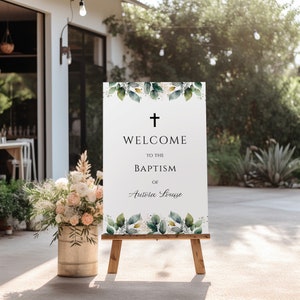 Greenery Baptism Welcome Sign: Rustic Watercolor Leaves 24x36 (Digital Download) GDF001