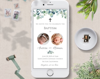 digital baptism invitation for twins | Editable Twin Christening Invite Template | Sibling Baptism phone invitation | Joint Sibling | GNY001