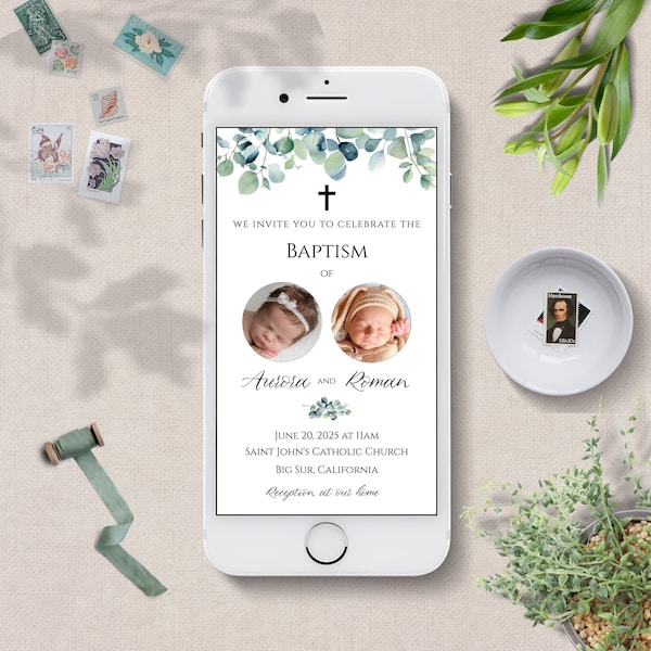 digital baptism invitation for twins | Editable Twin Christening Invite Template | Sibling Baptism phone invitation | Joint Sibling | GNY001