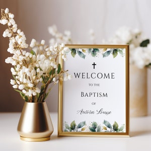 Baptism Welcome Sign Printable, 8x10, Welcome Christening Sign, Greenery, Templett Instant Download, Baptism Poster, Rustic Leaves, GDF001