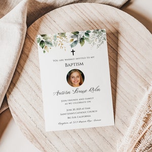 Greenery Baptism Invitation: Elegant Foliage, Photo Template (Digital Download) GDF001