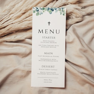 Baptism Menu Cards, Editable Menu, instant download, printable digital download, 3.75x9, Rustic greenery, GNY001