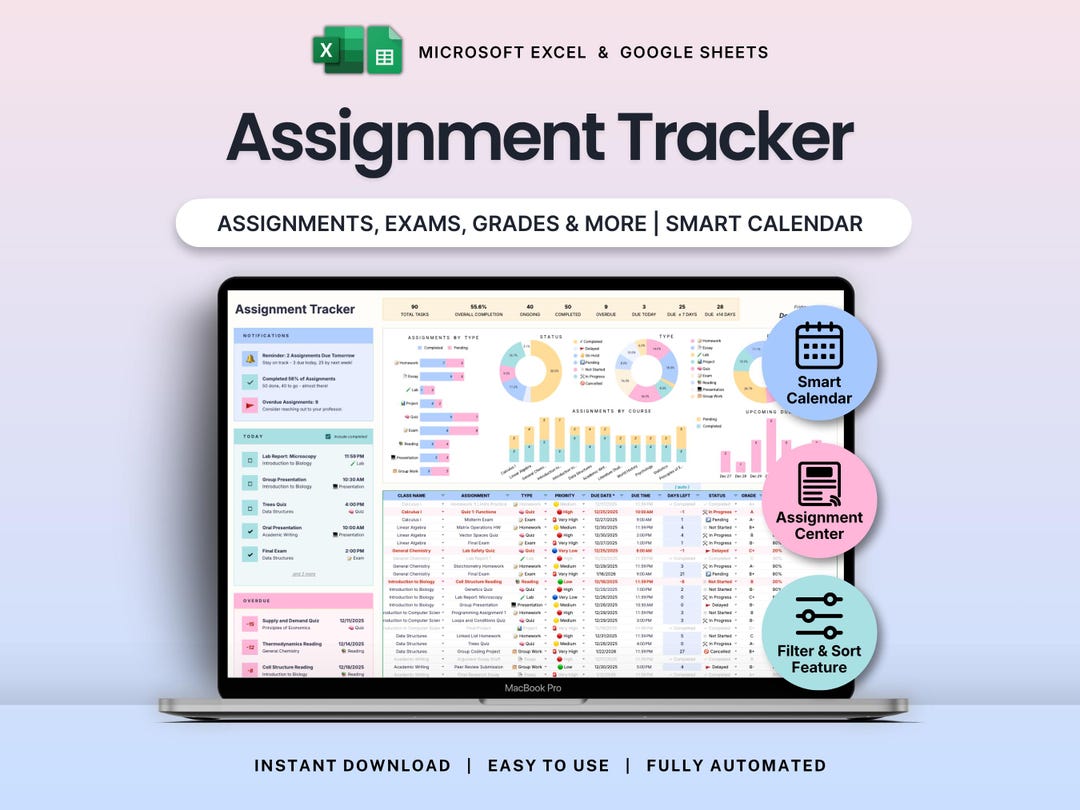 Assignment Tracker Google Sheets Excel Student Planner Spreadsheet ...