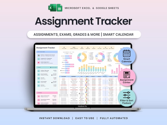 Assignment Tracker Google Sheets Excel Student Planner Spreadsheet School Assignment Homework Organizer Academic Calendar Study Tracker