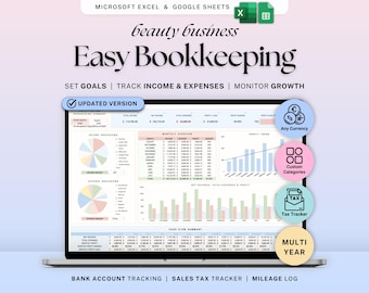Easy Bookkeeping Spreadsheet for Beauty Business Excel Income Expense Tracker Google Sheets for Salon Lash Tech Nail Tech Makeup Artist