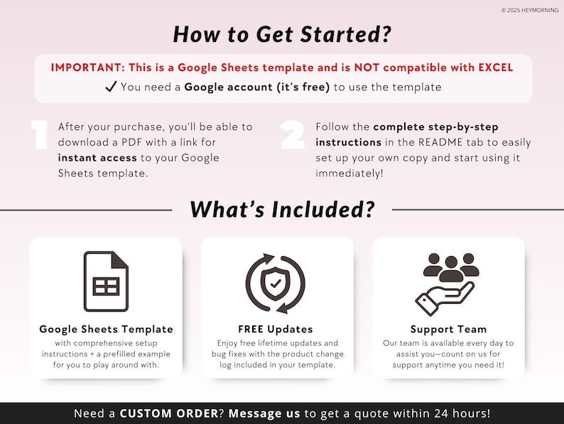 May include: A graphic with the text "How to Get Started?" and "What's Included?"  The graphic shows three icons: a spreadsheet, a checkmark inside a circle, and a hand holding three people. The text below the icons describes the features of a Google Sheets template, including free updates and support.