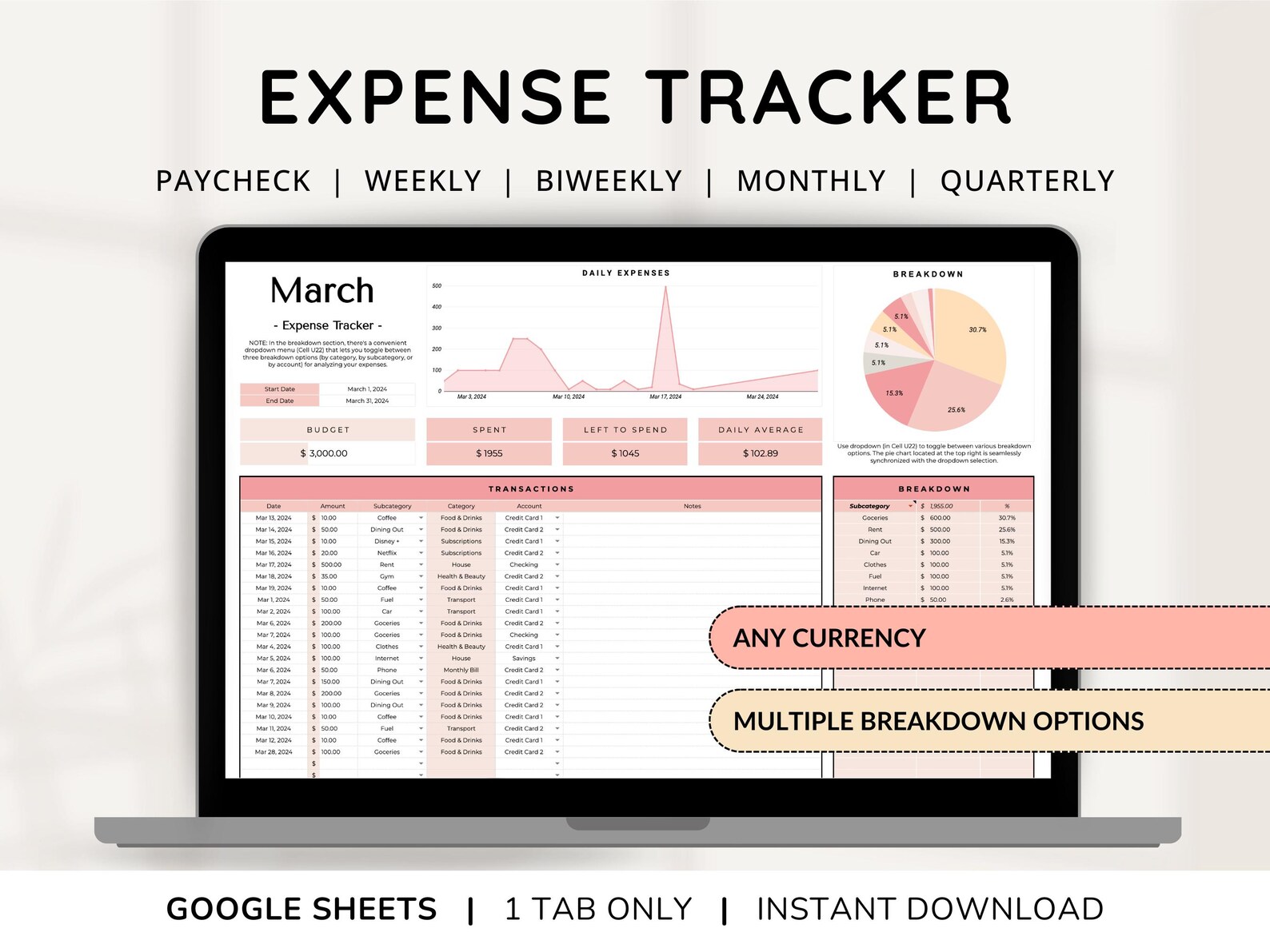 Expense Tracker Google Sheets Monthly Spending Tracker Spreadsheet ...