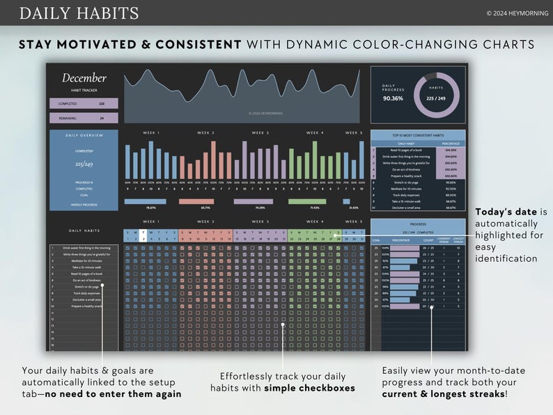 May include: Digital habit tracker with dynamic color-changing charts. The black interface displays daily progress, goals, and streaks. Features include simple checkboxes for tracking habits and automatic date highlighting. The text reads "DAILY HABITS".