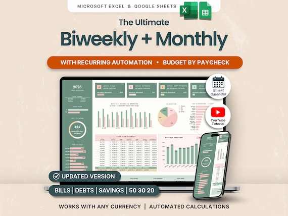 Biweekly Budget Spreadsheet Monthly Budget Paycheck Budget Google Sheets Excel Budget by Paycheck Debt Tracker Bill Calendar Savings Planner