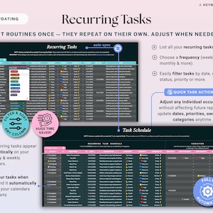 May include: A digital planner interface with the title "Recurring Tasks." The design includes a dark background with white text, and pink and blue accents. The interface shows task lists, filter options, and automation features.