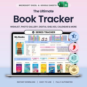 Puede incluir: Una plantilla digital de seguimiento de libros para Microsoft Excel y Google Sheets en una pantalla de portátil. La interfaz incluye una galería de colección, buscador de libros, seguimiento de series y sistema de calificación con iconos.