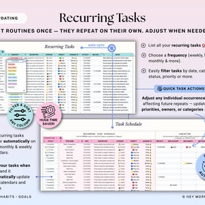 May include: A digital planner interface with the title "Recurring Tasks." The interface shows a spreadsheet with task details, filter options, and a task schedule. The design includes pink and blue accents, with the text "Auto-Updating."