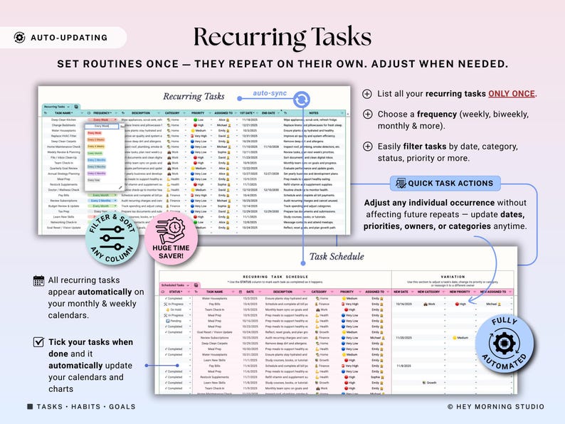 May include: A digital planner interface with the title "Recurring Tasks." The interface shows a spreadsheet with task details, filter options, and a task schedule. The design includes pink and blue accents, with the text "Auto-Updating."