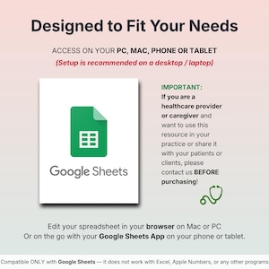 May include: A graphic with the text "Designed to Fit Your Needs" and "Google Sheets" logo. The image includes instructions for accessing the resource on PC, Mac, phone, or tablet. A green stethoscope icon is also present.