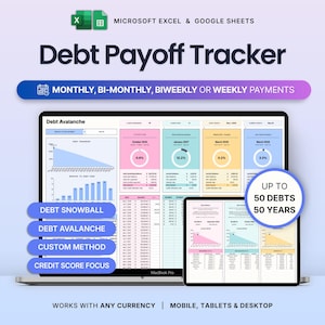 Puede incluir: Un rastreador digital de pago de deudas para Microsoft Excel y Google Sheets en una pantalla de portátil y tableta. La interfaz muestra gráficos coloridos, tablas y texto que incluye Debt Avalanche, Debt Snowball y Up to 50 Debts 50 Years.