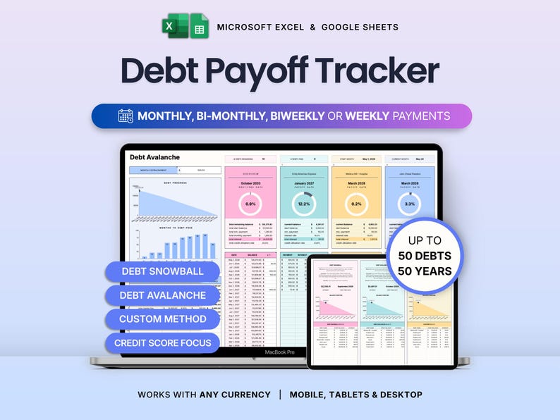 Peut inclure: Un outil num&eacute;rique de suivi du remboursement de dettes pour Microsoft Excel et Google Sheets affich&eacute; sur un &eacute;cran d'ordinateur et de tablette. L'interface pr&eacute;sente des graphiques color&eacute;s, des tableaux et le texte Debt Avalanche, Debt Snowball.