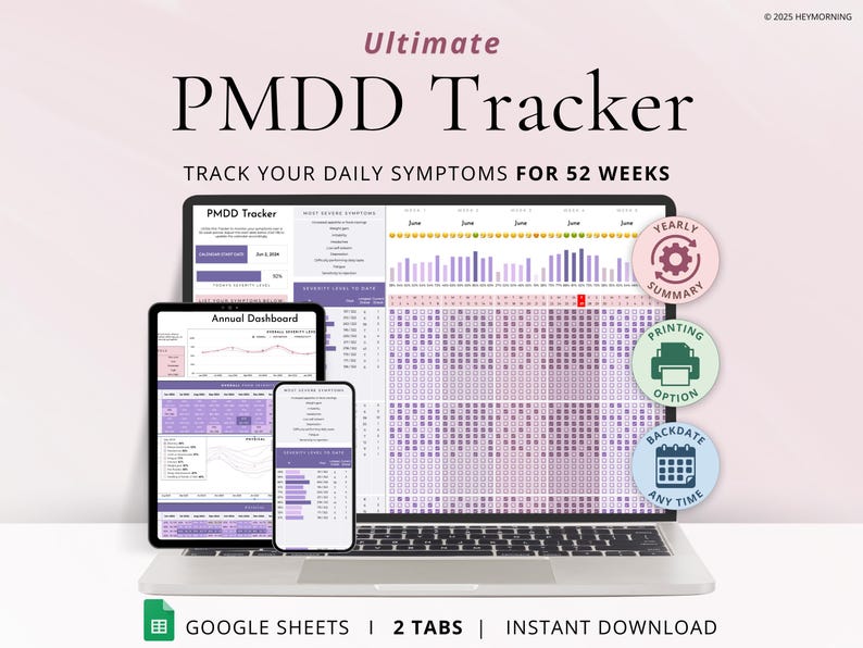 PMDD Tracker, Premenstrual Dysphoric Disorder Tracker; Track PMDD symptoms for up to 52 weeks; Lifetime usability; Includes an Annual Symptom Severity Dashboard and printing instructions; Google Sheets; Customizable Theme Colors; Period Journal