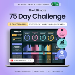 May include: A digital 75 Day Challenge tracker for Microsoft Excel and Google Sheets displayed on a laptop screen. The interface features colorful progress charts, milestone goals, automated insights, and custom rewards sections with dark mode.