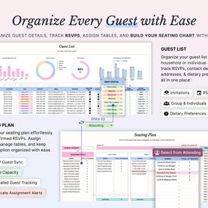 Pode incluir: Um modelo digital de lista de convidados e plano de assentos com tabelas de dados, gr&aacute;ficos de barras e gr&aacute;ficos de pizza. A interface exibe colunas para nomes, categorias, contatos, endere&ccedil;os, status de RSVP e restri&ccedil;&otilde;es diet&eacute;ticas em formato de planilha.