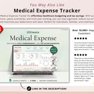 May include: A digital product listing for a Google Sheets medical expense tracker. The listing features a screenshot of the tracker, which includes charts and graphs. The listing also includes customer reviews and a link to the product description.