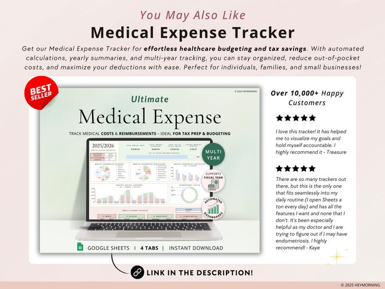 May include: A digital product listing for a Google Sheets medical expense tracker. The listing features a screenshot of the tracker, which includes charts and graphs. The listing also includes customer reviews and a link to the product description.