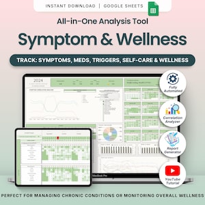 May include: A digital spreadsheet displayed on a laptop and tablet, labelled "Symptom & Wellness." The screen shows data analysis tools, including a correlation analyser and report generator. Text includes "Instant Download" and "Google Sheets."