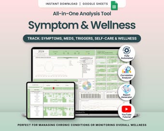 May include: A digital spreadsheet displayed on a laptop and tablet, labelled "Symptom & Wellness." The screen shows data analysis tools, including a correlation analyser and report generator. Text includes "Instant Download" and "Google Sheets."