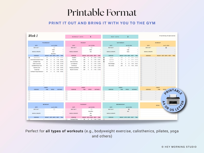 Workout Planner Google Sheets Excel Exercise Tracker Spreadsheet Fitness Planner Gym Checklist Weightlifting Training Calendar Pilates image 6