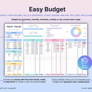 May include: A digital planner titled "Easy Budget" with a light blue and pink gradient background. The planner displays a detailed financial overview, including income, bills, expenses, and savings. Text includes "Track your income, bills & expenses, start saving and pay off debt with ease."