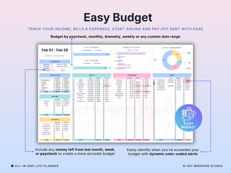 May include: A digital planner titled "Easy Budget" with a light blue and pink gradient background. The planner displays a detailed financial overview, including income, bills, expenses, and savings. Text includes "Track your income, bills & expenses, start saving and pay off debt with ease."