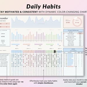May include: A printable daily habit tracker with a November theme. The tracker features a chart with color-changing bars to track progress, a grid of checkboxes for daily habits, and a section for tracking streaks. The text "Stay motivated & consistent with dynamic color-changing charts" is at the top of the page.