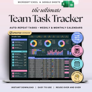 Dark Mode Task Tracker Spreadsheet Team Task Planner Google Sheets Excel Employee Work Organizer Recurring Tasks Project Management Template