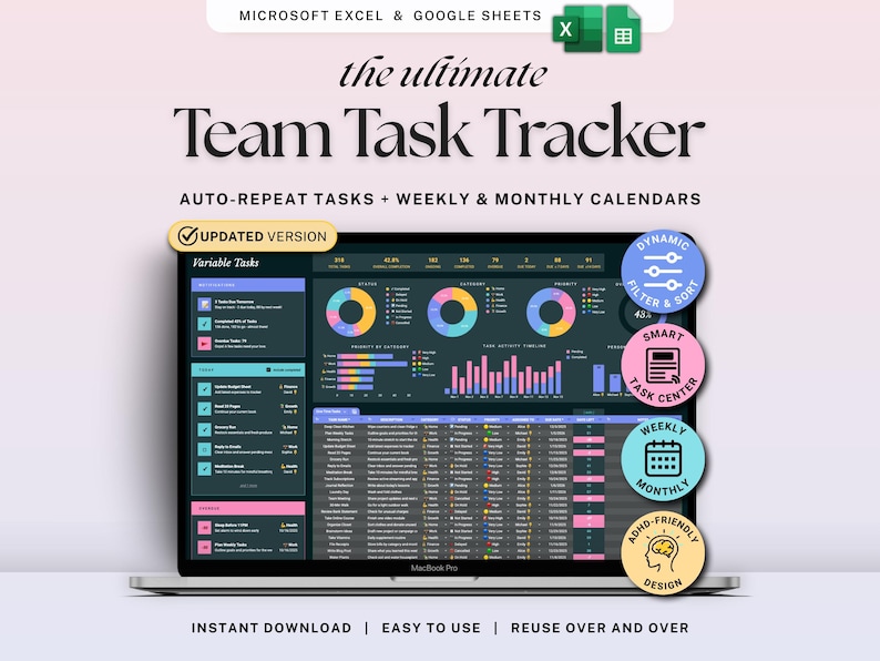 Dark Mode Task Tracker Spreadsheet Team Task Planner Google Sheets ...