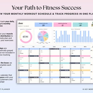 May include: A digital workout planner with the title "Your Path to Fitness Success." The planner includes a monthly workout schedule, progress tracking, and a muscle group distribution chart. The June calendar shows planned and completed workout days.