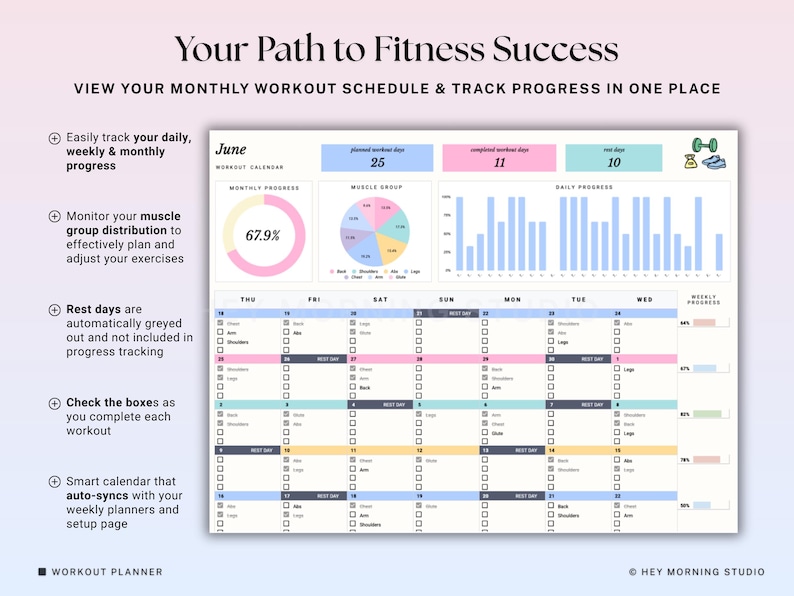 May include: A digital workout planner with the title "Your Path to Fitness Success." The planner includes a monthly workout schedule, progress tracking, and a muscle group distribution chart. The June calendar shows planned and completed workout days.