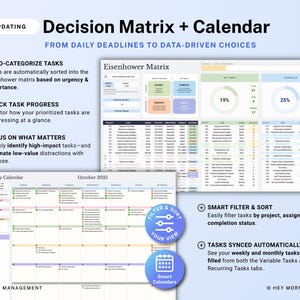 Op de afbeelding: Een digitale projectmanagementtool met de titel "Decision Matrix + Calendar". De afbeelding toont een Eisenhower Matrix, een maandkalender en taakvoortgangsgrafieken. Functies zijn onder meer automatische categorisering en slim filteren.