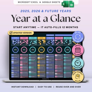Planificador anual de un vistazo Modo oscuro Sin fecha Hoja de cálculo anual Hojas de cálculo de Google Excel Resumen anual Seguimiento mensual de cumpleaños y vacaciones 2026