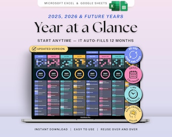 Planer roku w skrócie Tryb ciemny Arkusz kalkulacyjny bez daty Arkusze Google Excel Przegląd roczny Miesięczny kalendarz urodzin i świąt 2026